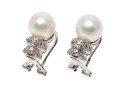 14k White Gold Pretty 7.5 Mm Cultured Pearl And Ribbed Diamond Set Earrings