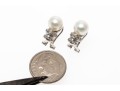 14k White Gold Pretty 7.5 Mm Cultured Pearl And Ribbed Diamond Set Earrings