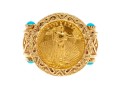 14K Yellow Gold Greek Revival Gold Liberty 1/20 $5 Coin Ring With Cabachon Turquoise, Ring Size 10