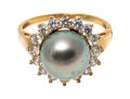 14k Yellow Gold Striking Grey Cultured Freshwater Pearl And CZ Halo Ring, Size 8