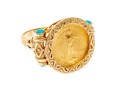 14K Yellow Gold Greek Revival Gold Liberty 1/20 $5 Coin Ring With Cabachon Turquoise, Ring Size 10