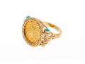 14K Yellow Gold Greek Revival Gold Liberty 1/20 $5 Coin Ring With Cabachon Turquoise, Ring Size 10