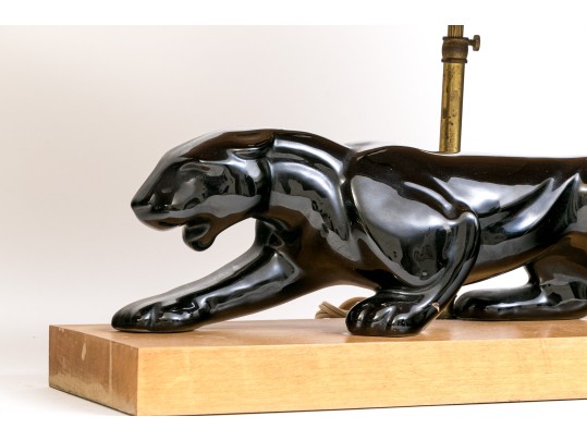 Great Pair Of 1950's Haeger Pottery Panther Lamps With Original Shades