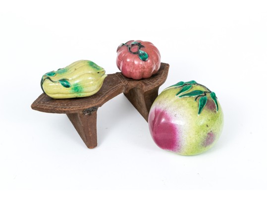 Collection Of Three Naturalistic Chinese Ceramic Fruit On A Wooden Pedestal