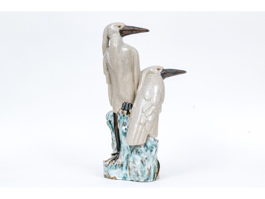 Vintage Asian Glazed Ceramic Egret Group