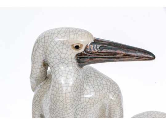 Vintage Asian Glazed Ceramic Egret Group