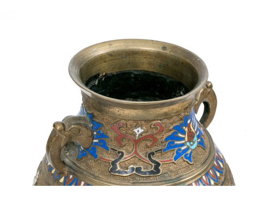 Chinese Gilt Metal And Champleve Enameled 'Hu' Form Vase On Stand