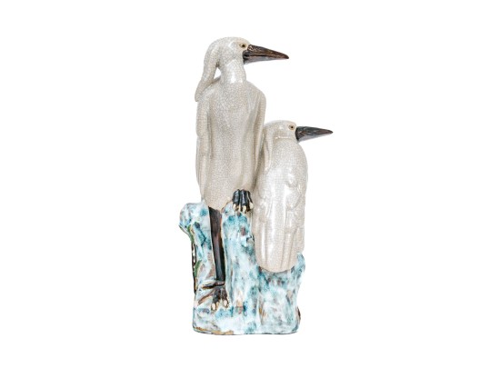 Vintage Asian Glazed Ceramic Egret Group