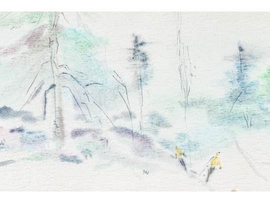 Tacher Signed Watercolor Skiing Scene