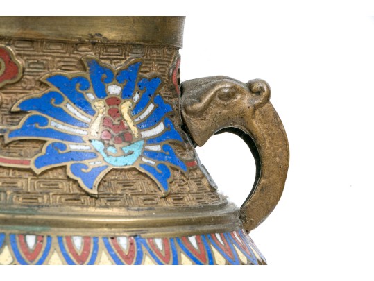 Chinese Gilt Metal And Champleve Enameled 'Hu' Form Vase On Stand