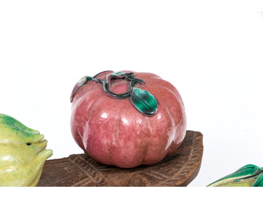 Collection Of Three Naturalistic Chinese Ceramic Fruit On A Wooden Pedestal