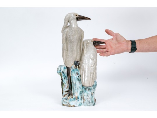Vintage Asian Glazed Ceramic Egret Group