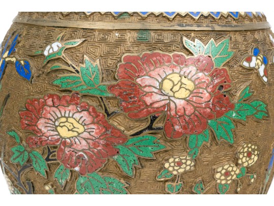 Chinese Gilt Metal And Champleve Enameled 'Hu' Form Vase On Stand