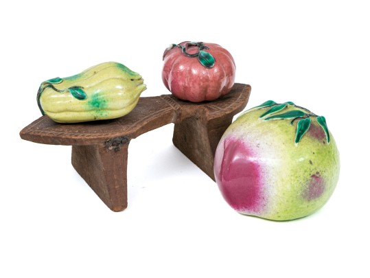 Collection Of Three Naturalistic Chinese Ceramic Fruit On A Wooden Pedestal
