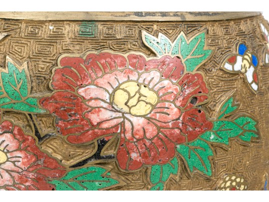 Chinese Gilt Metal And Champleve Enameled 'Hu' Form Vase On Stand