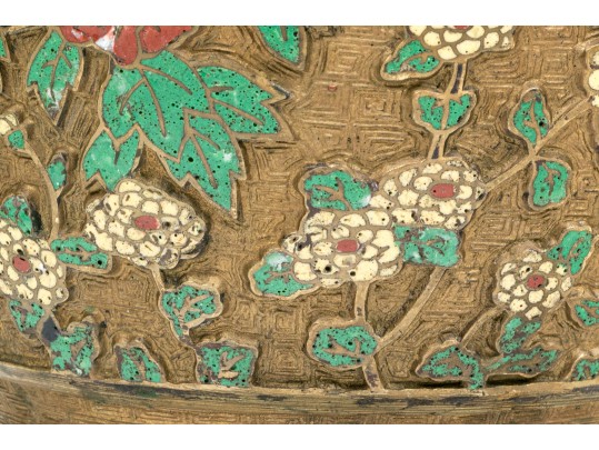 Chinese Gilt Metal And Champleve Enameled 'Hu' Form Vase On Stand