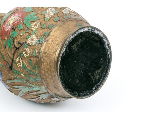 Chinese Gilt Metal And Champleve Enameled 'Hu' Form Vase On Stand