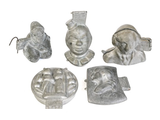 Five Vintage Lead Or Pewter Ice Cream & Chocolate Moulds