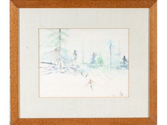 Tacher Signed Watercolor Skiing Scene