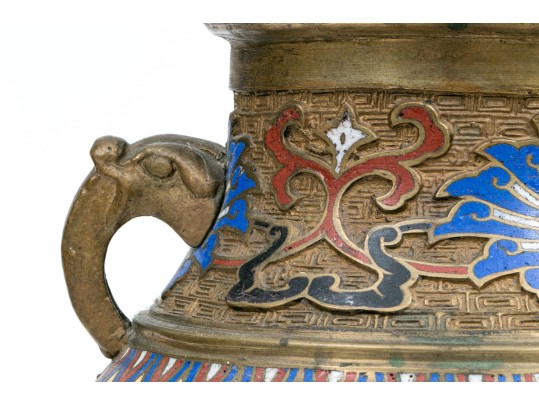 Chinese Gilt Metal And Champleve Enameled 'Hu' Form Vase On Stand