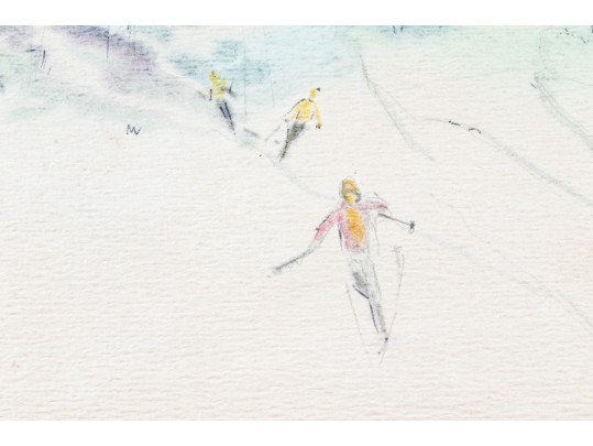 Tacher Signed Watercolor Skiing Scene