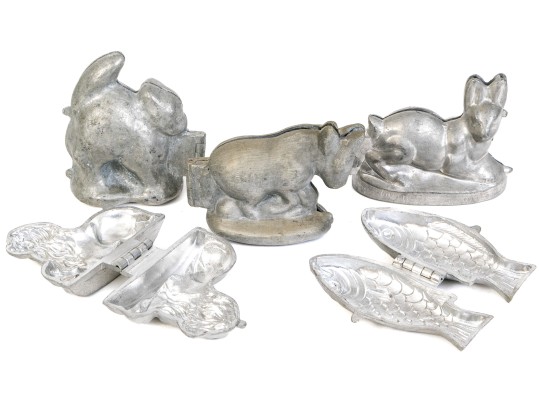 Five Vintage Lead Or Pewter Ice Cream & Chocolate Moulds