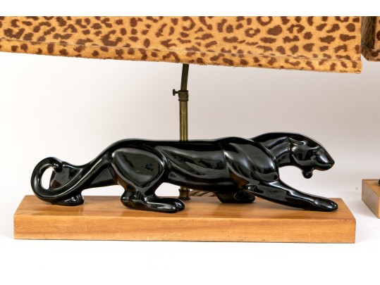 Great Pair Of 1950's Haeger Pottery Panther Lamps With Original Shades