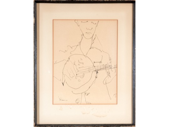 Gino Hollander (American, 1924-2015) Pen On Paper, Man Playing The Banjo 