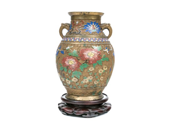 Chinese Gilt Metal And Champleve Enameled 'Hu' Form Vase On Stand