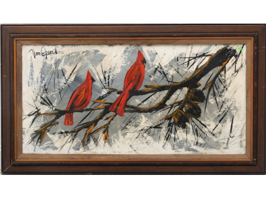 Lee Reynolds Burr (B. 1936) California Redbirds Oil On Canvas Art