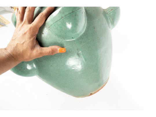 Large Blue-Glazed Redware Strawberry Pot Planter