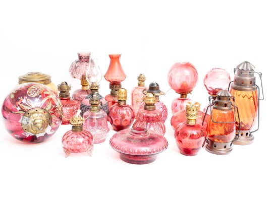 Cranberry Depression Glass Oil Lamps, Shades, And Fonts Incl. Fenton