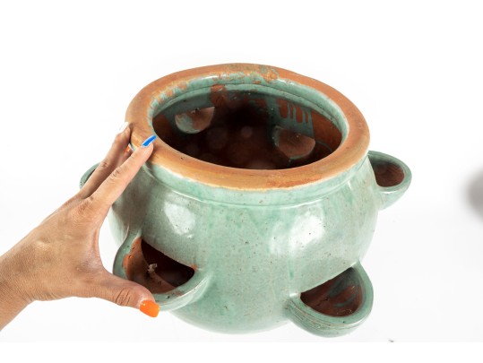 Large Blue-Glazed Redware Strawberry Pot Planter
