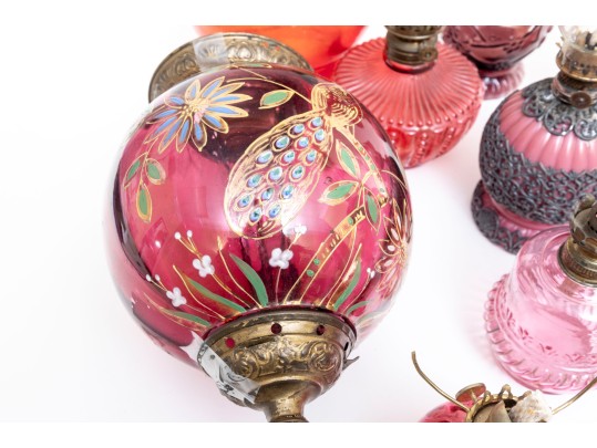 Cranberry Depression Glass Oil Lamps, Shades, And Fonts Incl. Fenton