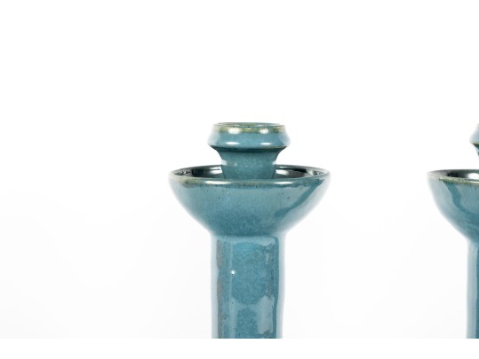 Moore Pots Pottery (Seagrove, NC) Pair Of Blue Glazed Candlestick Holders