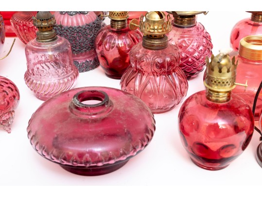 Cranberry Depression Glass Oil Lamps, Shades, And Fonts Incl. Fenton