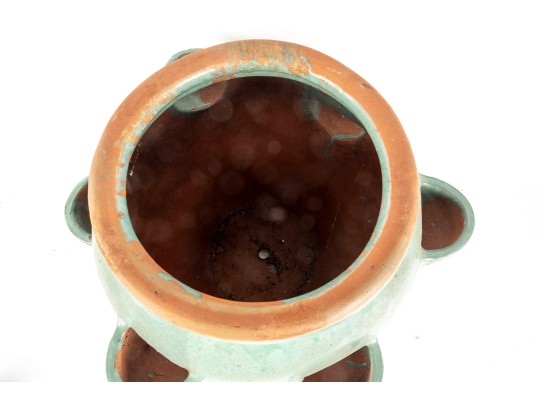 Large Blue-Glazed Redware Strawberry Pot Planter