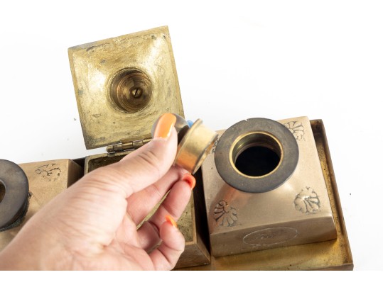 Solid Brass Antique Portuguese Inkwell Set