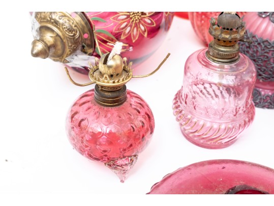 Cranberry Depression Glass Oil Lamps, Shades, And Fonts Incl. Fenton