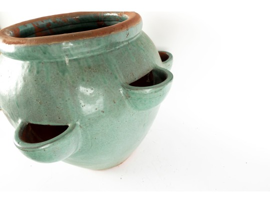 Large Blue-Glazed Redware Strawberry Pot Planter