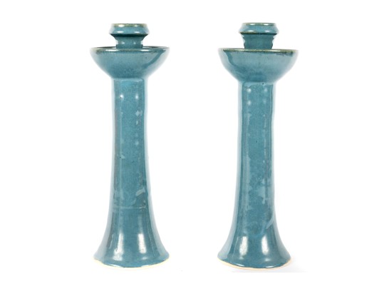 Moore Pots Pottery (Seagrove, NC) Pair Of Blue Glazed Candlestick Holders