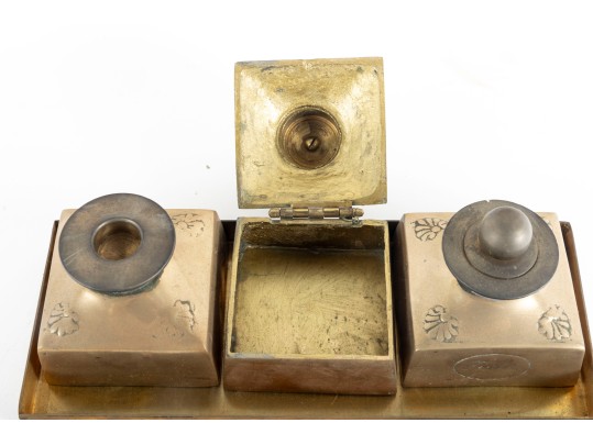 Solid Brass Antique Portuguese Inkwell Set
