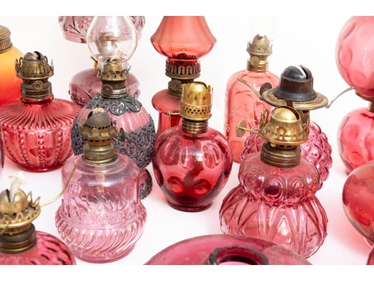 Cranberry Depression Glass Oil Lamps, Shades, And Fonts Incl. Fenton