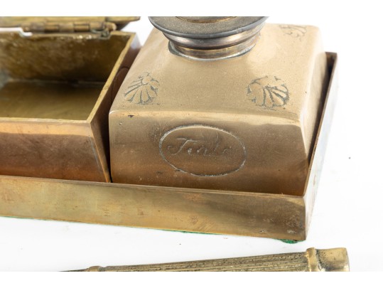 Solid Brass Antique Portuguese Inkwell Set