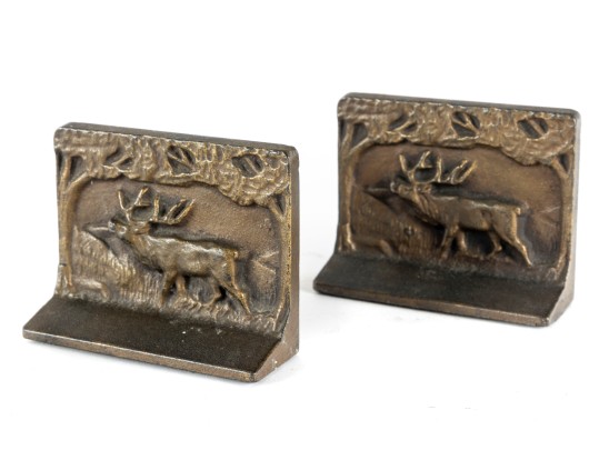 Antique Brass Elk Scene Bookends