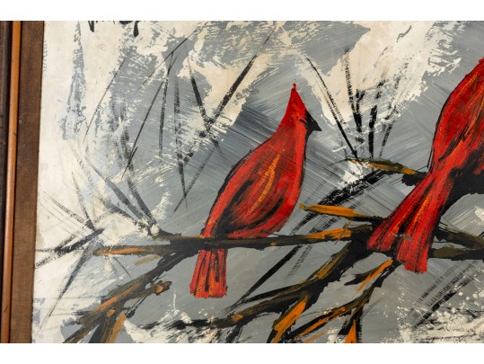 Lee Reynolds Burr (B. 1936) California Redbirds Oil On Canvas Art