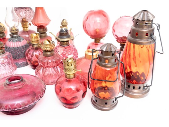 Cranberry Depression Glass Oil Lamps, Shades, And Fonts Incl. Fenton