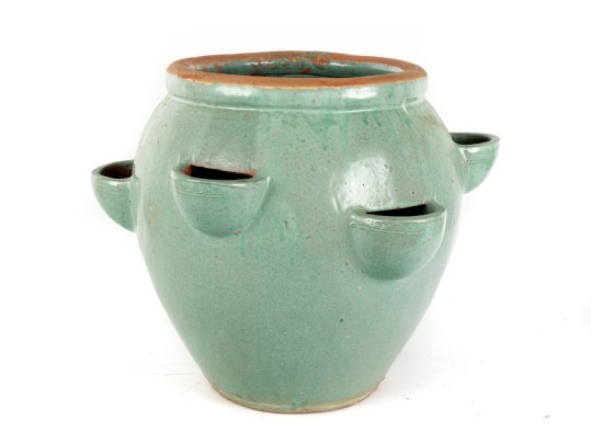 Large Blue-Glazed Redware Strawberry Pot Planter
