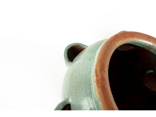 Large Blue-Glazed Redware Strawberry Pot Planter