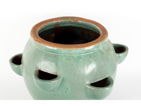 Large Blue-Glazed Redware Strawberry Pot Planter